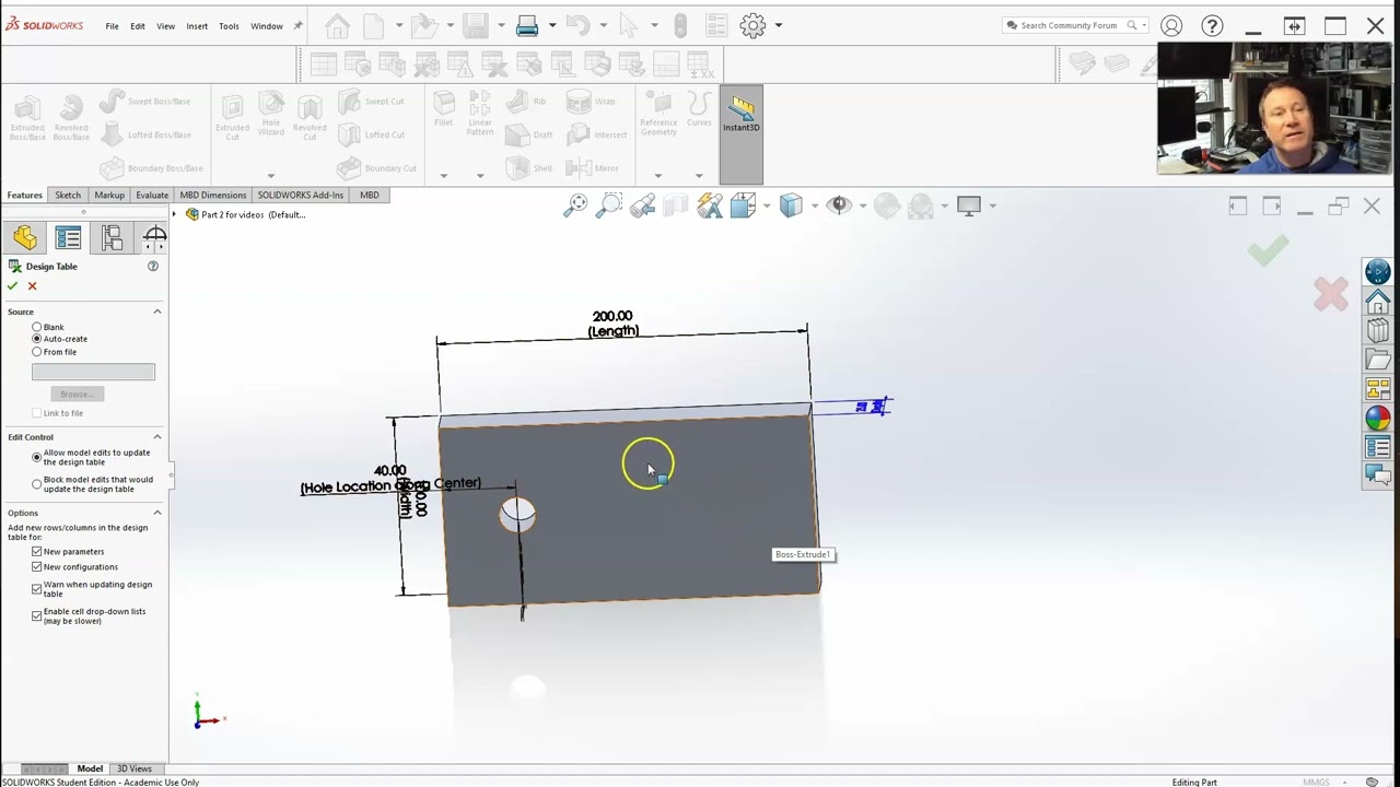 SolidWorks: Design Table Basics - Auto Create (Section 7-1)