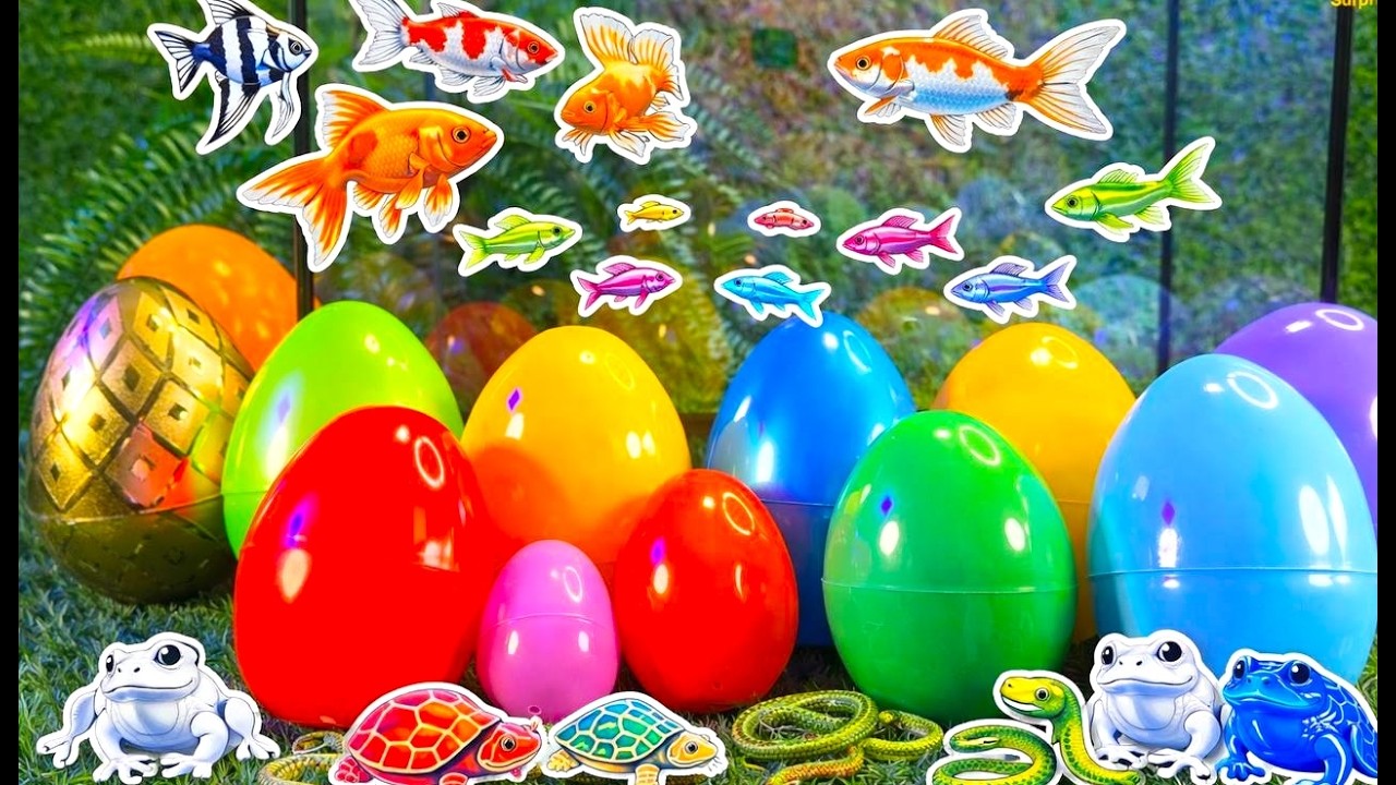 Colorful eggs fish surprise, koi, shark, angelfish, butterfly fish, goldfish, turtle, frog, betta