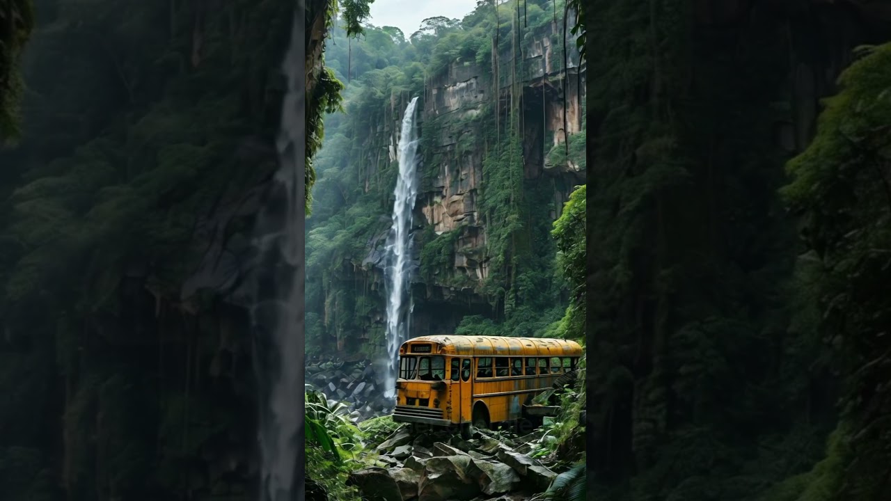 Natural scenery, waterfall, school bus in front of the cave entrance | jungle | nature | excavator