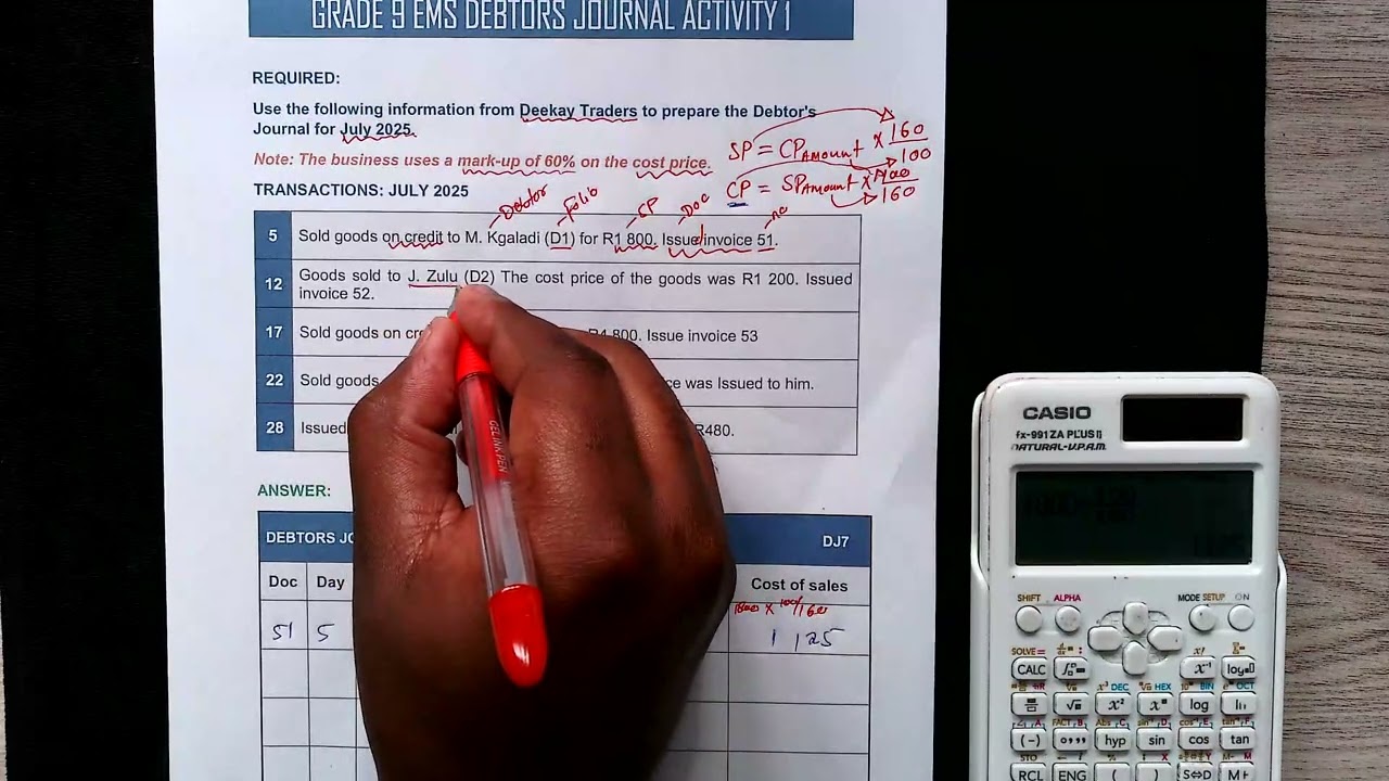 Grade 9 Accounting Debtors Journal
