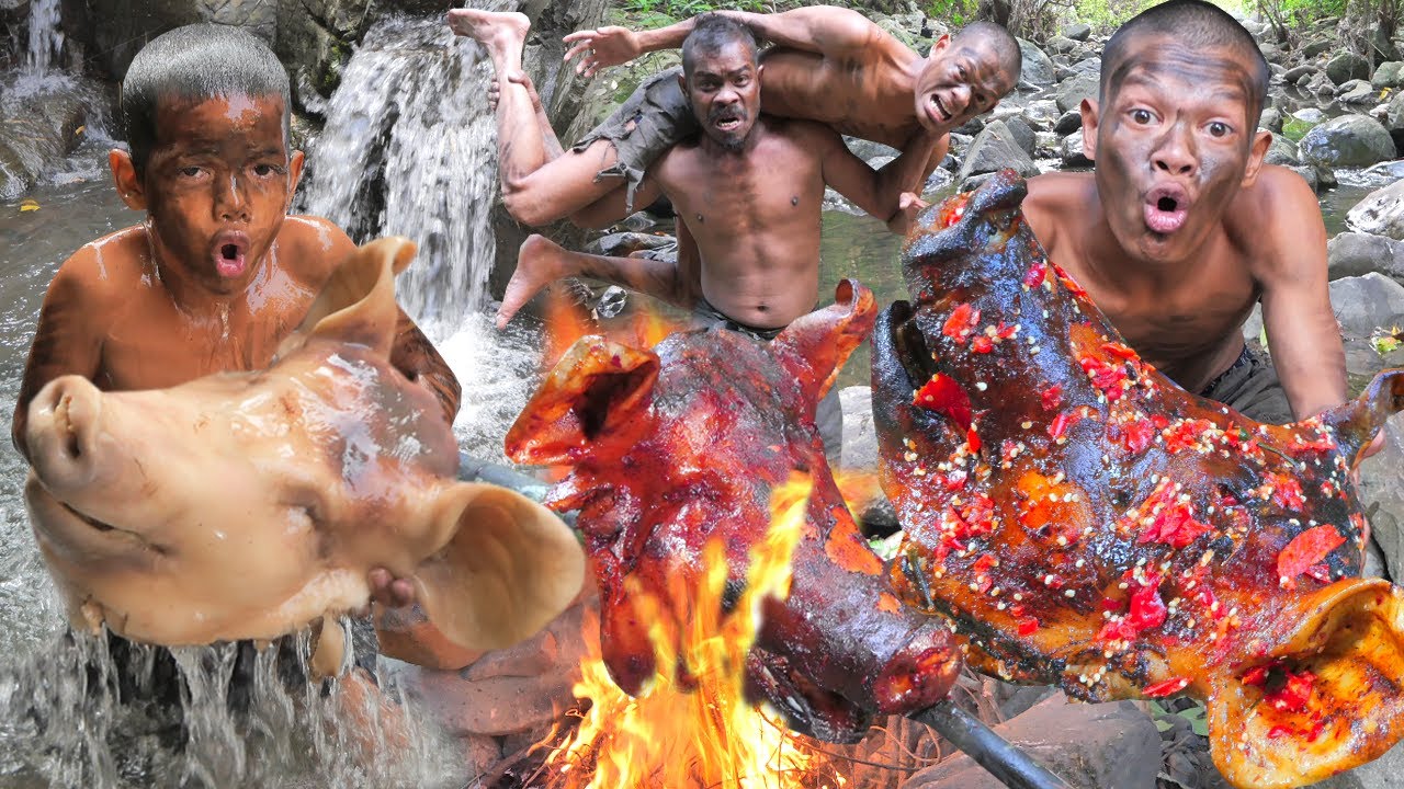 Primitive Technology - Wild Jungle Cooking Pig Head Adventure Eatind