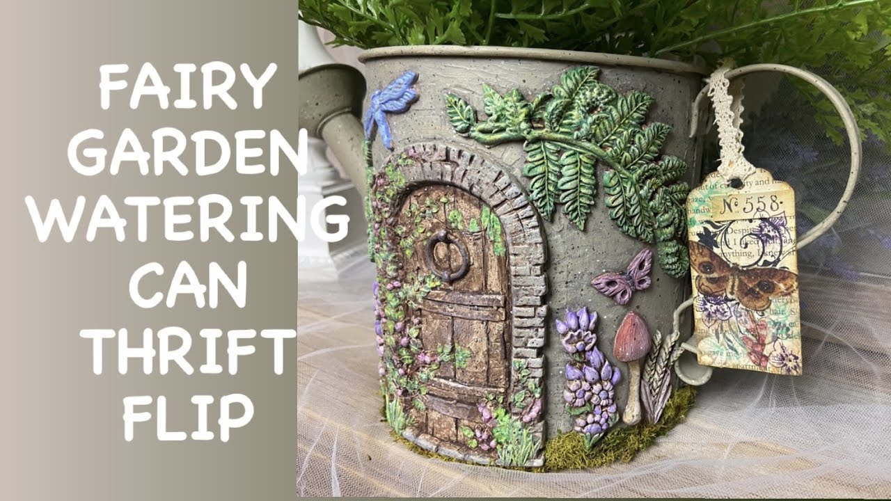 Spring Fairy Garden Watering Can Thrift Flip IOD Moulds & Ephemera Hang Tag