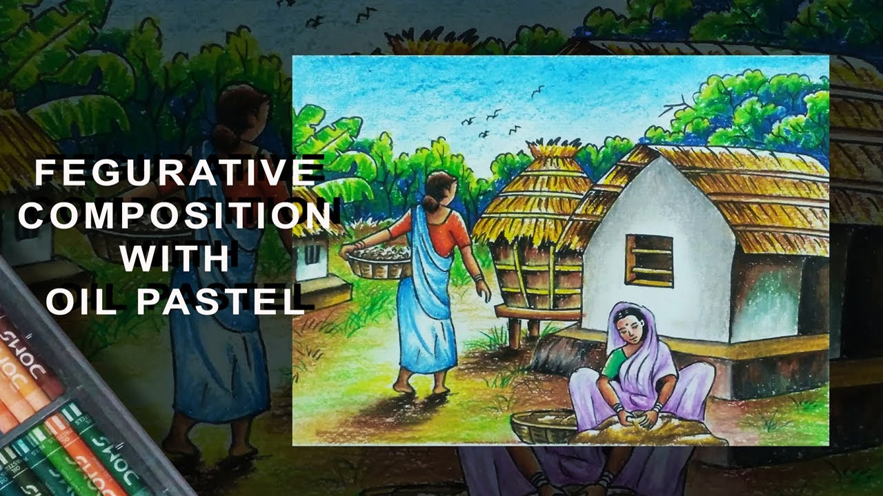 How to draw a Figurative  composition Scenery | Step by step Oil pastel village scenery