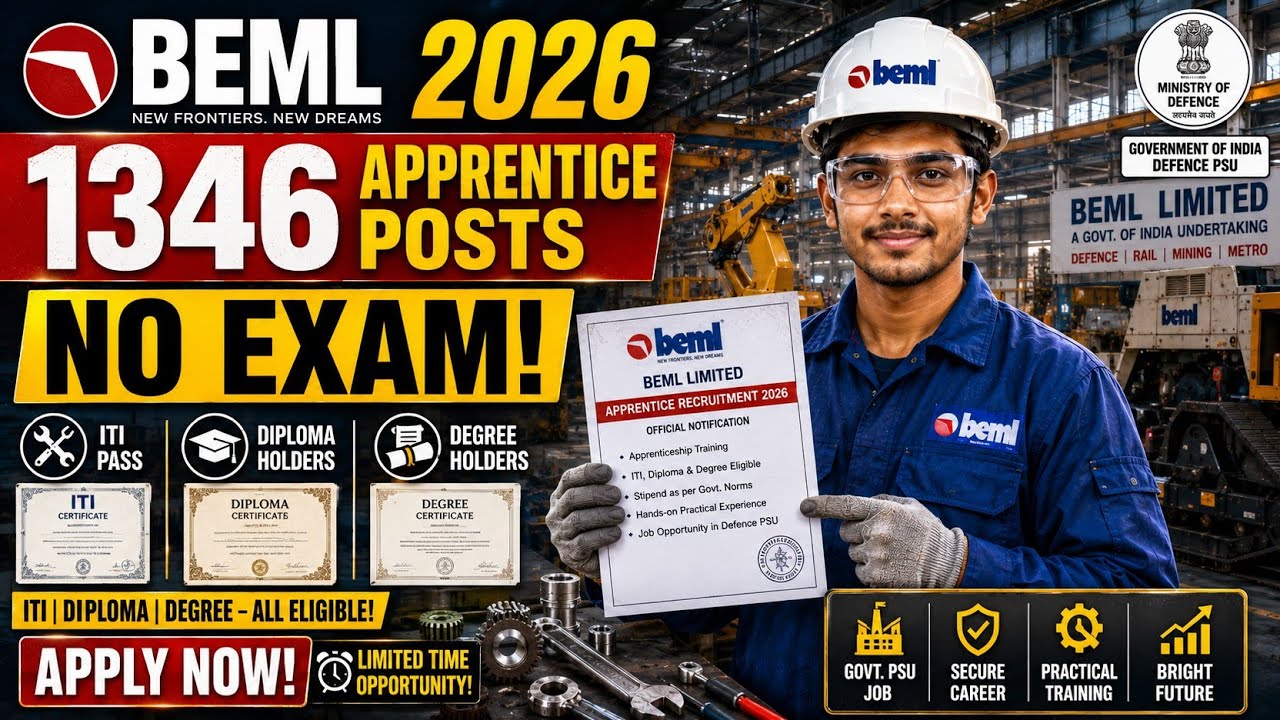 BEML Apprentice Recruitment 2026 🔥 | 1346 Vacancies | ITI, Diploma & Degree | No Exam