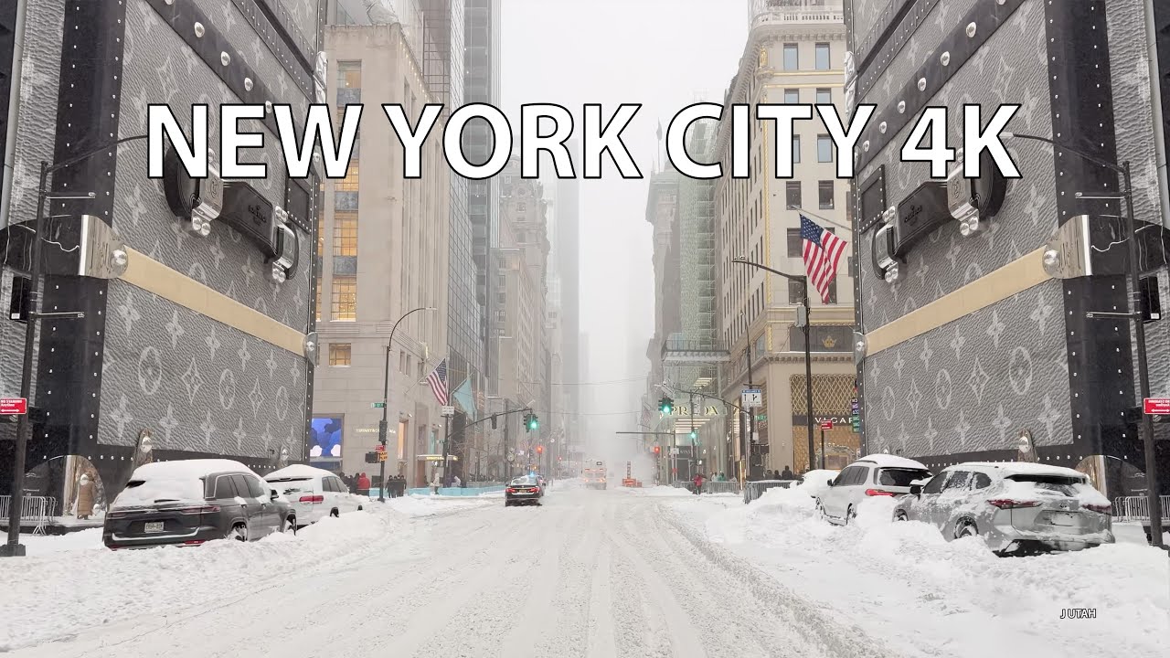 New York City 4K - Manhattan Windy Blizzard Snowstorm Sleet - USA