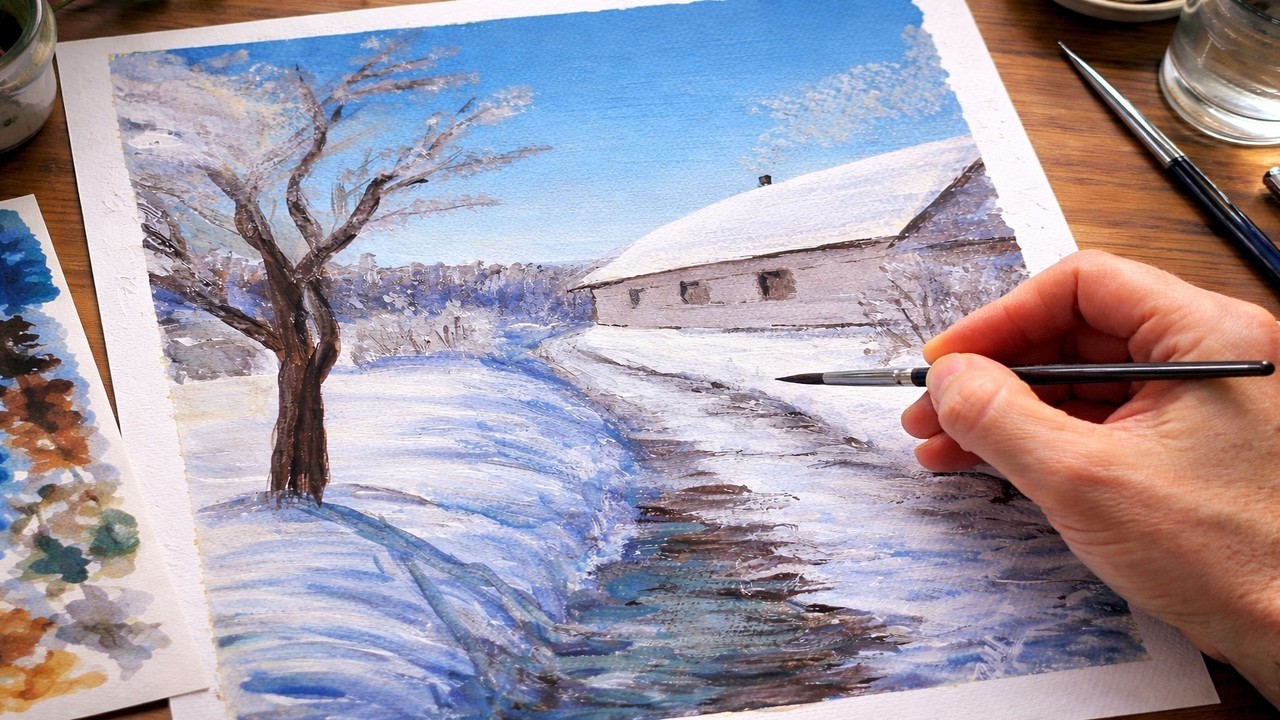 Winter Sun over Odstrčil’s Farmstead | Relaxing Acrylic Painting (Loose & Expressive)