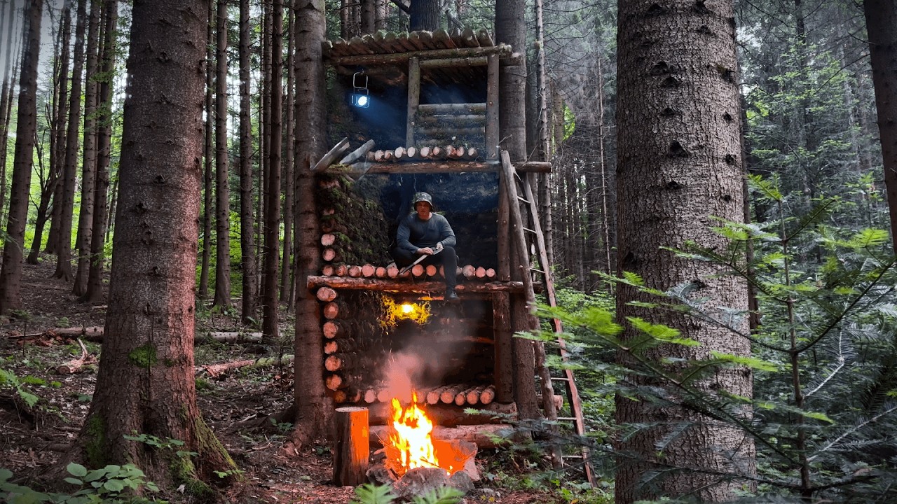 I Built a Multi-Level Log Shelter to Escape the Storm and Wild Boars
