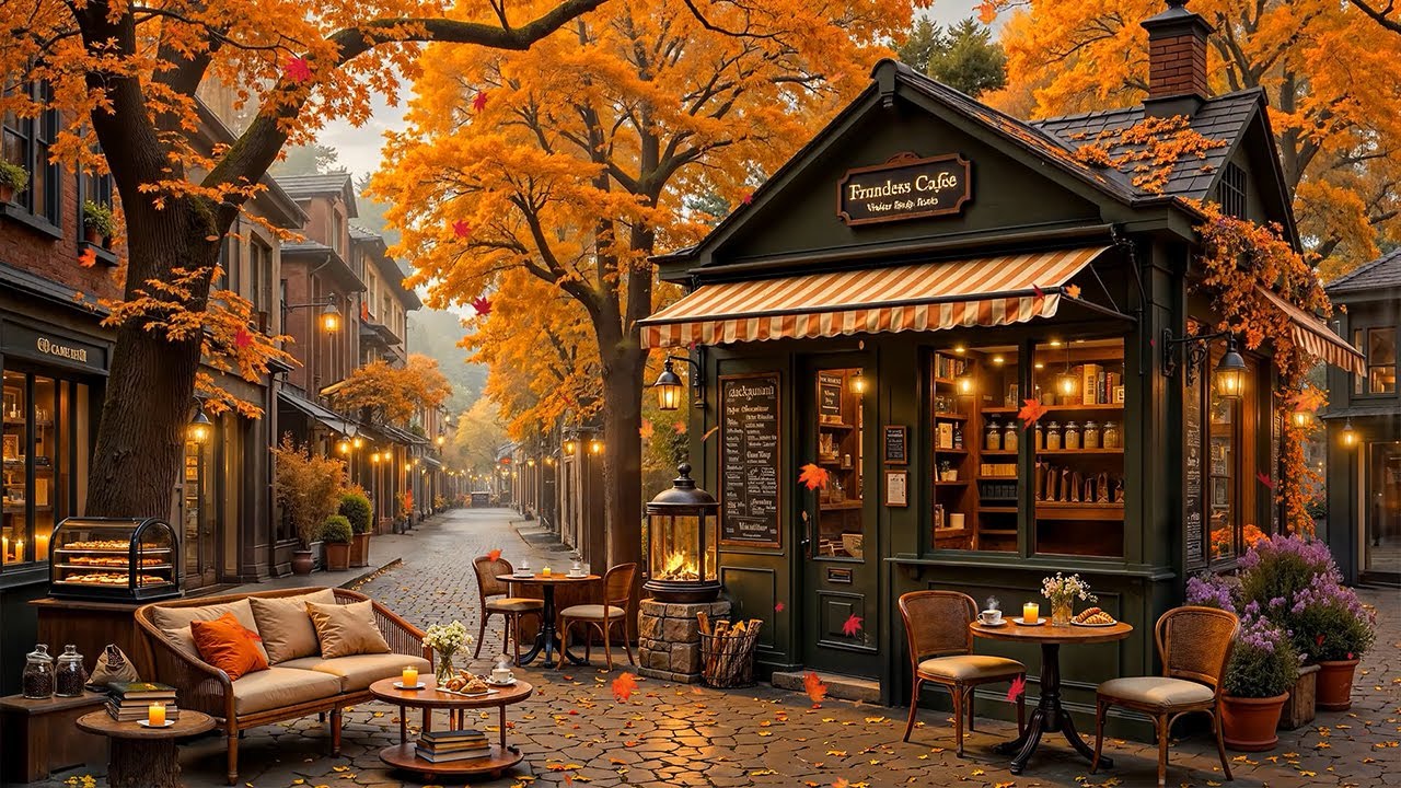 Soft October Fall Morning at Cozy Street Coffee Shop Ambience 🍂 Warm Autumn Jazz Melodies for Unwind