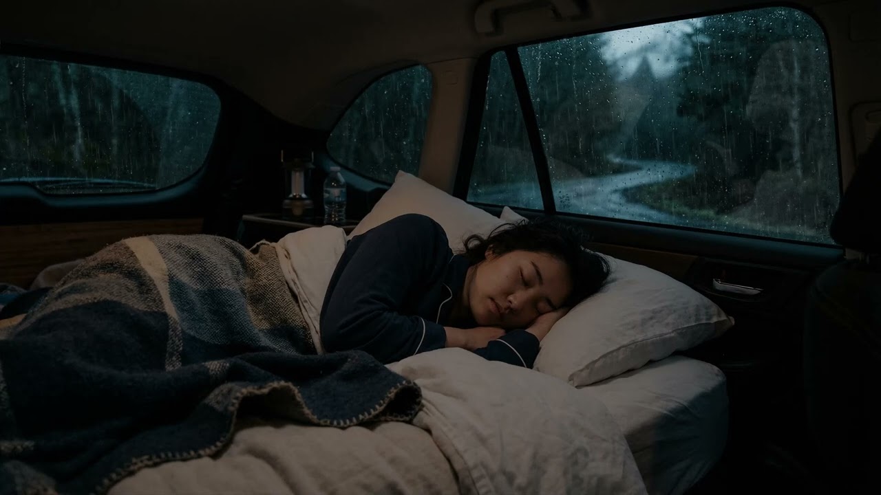 Soothing Rain On Car Windows While Resting Comfortably Inside A Quiet Parked Car