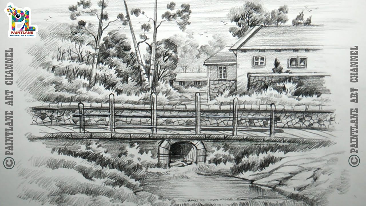 How To Draw/Sketch and Shade A Landscape With Small Bridge | Step By Step Pencil Art