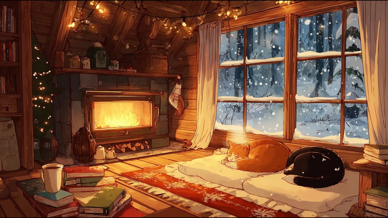 Cozy Winter Cabin Lo-Fi ❄️🔥 Snowy Night, Fireplace & Sleeping Cats | Relax • Study • Sleep