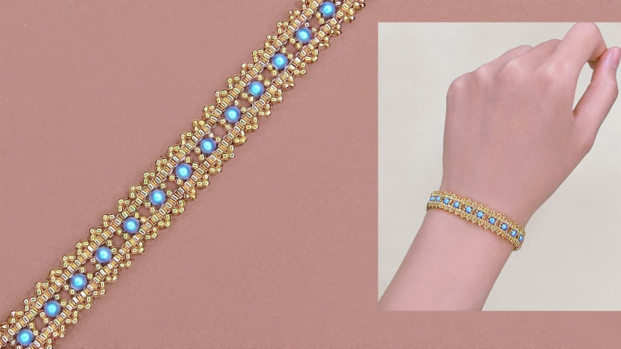 DIY Elegant Beaded Bracelet With Blue Pearls and Gold Seed Beads 手工制作串珠手链