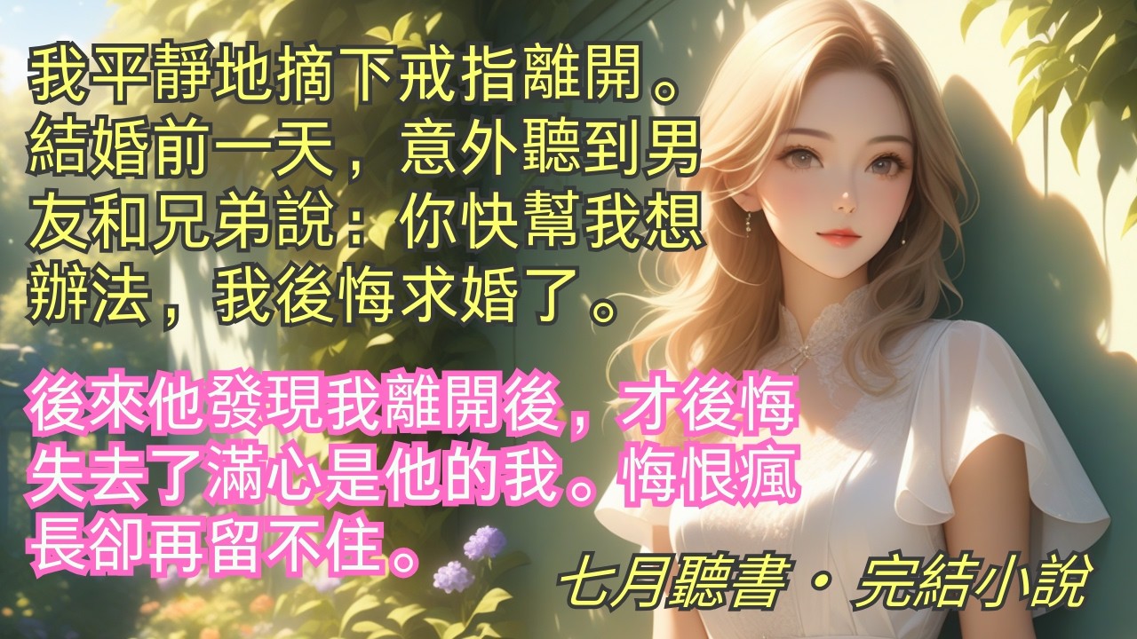 完結小說【縱愛】我平靜地摘下戒指離開。結婚前一天，意外聽到男友和兄弟說：你快幫我想辦法，我後悔求婚了。後來他發現我離開後，才後悔失去了滿心是他的我。#一口氣看完 #完整版 #小說 #爽文 #完結