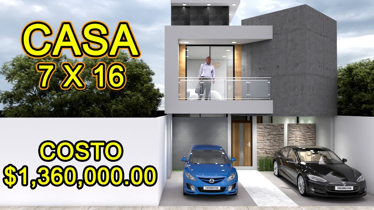 PLANO DE CASA PEQUEÑA DE 7 X 16 M / HOUSE PLAN 7 X 16 / 2 RECAMARAS
