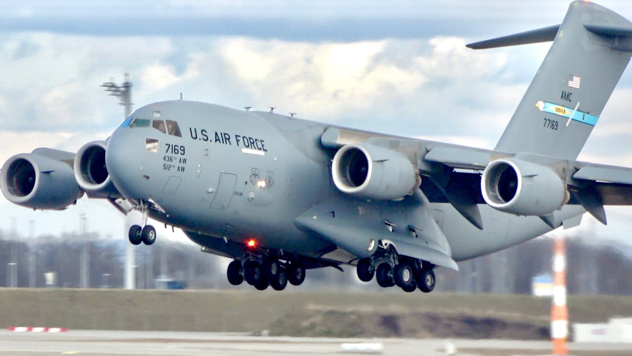(4K) United States Air Force 3x Boeing C17A Globemaster Arriving at Munich Airport for the 