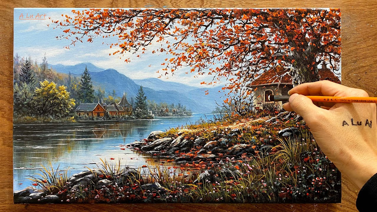 How to draw landscape painting /#98/ Riverfront landscape painting / Acrylic painting / A Lu Art.
