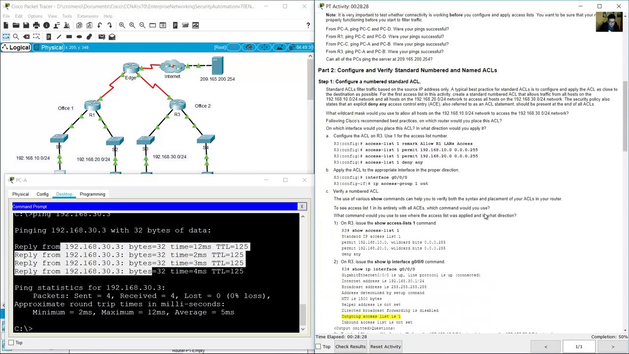 5.2.7 Packet Tracer - Configure and Modify Standard IPv4 ACLs