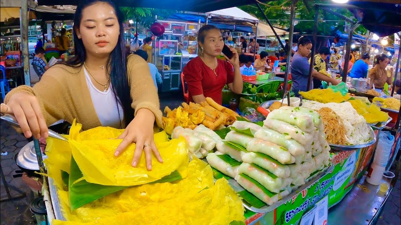 Popular Cambodian street food, Delicious Yellow Pancakes, Noodles, Springs Rolls & More