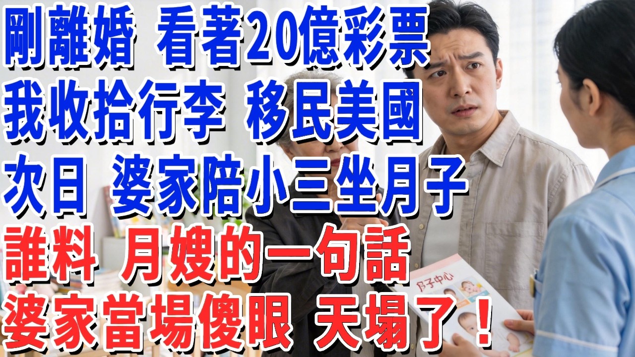 剛離婚 看著20億彩票，我收拾行李 移民美國，次日 婆家陪小三坐月子，誰料 月嫂的一句話，婆家當場傻眼 天塌了！#妮妮故事會 #情感故事 #老年生活