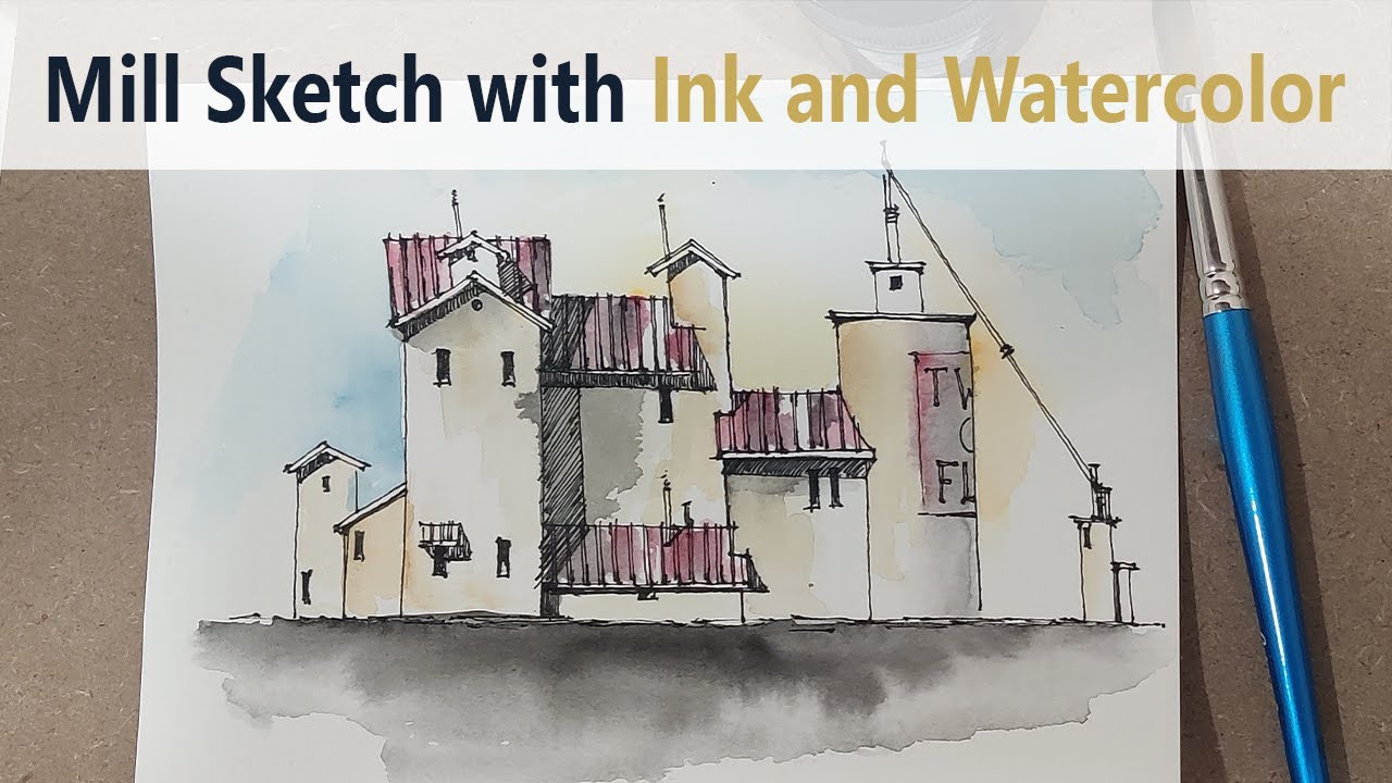Mill sketch with ink and watercolor