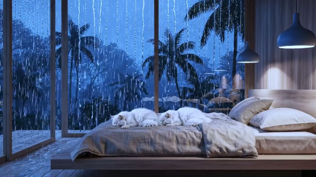 Fall Asleep Instantly 😴 Heavy Rain on Glass While Two Cats Sleep Peacefully