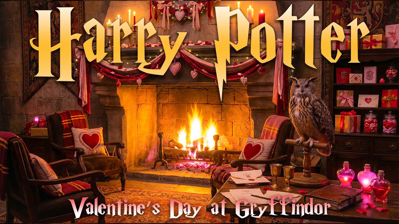 Valentine’s Day at Gryffindor Common Room 🔥❤️ Warm Winter Fireplace Ambience | Harry Potter Music