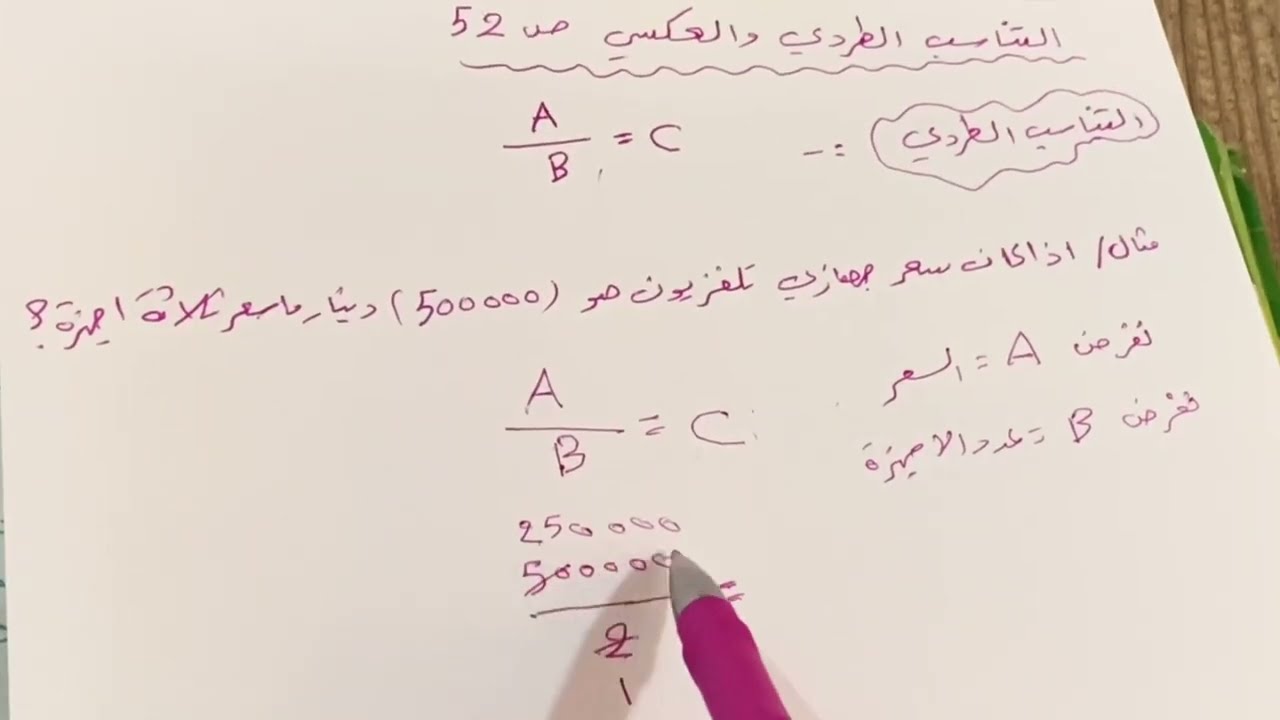 التناسب الطردي والتناسب العكسي رياضيات الصف الاول المتوسط ص 52 .ست مريم