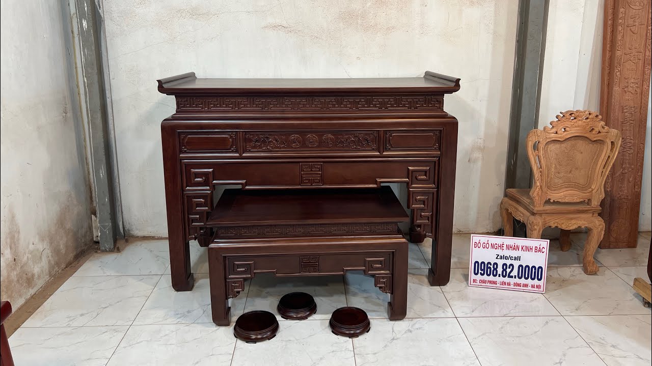 Án gian mẫu triện PHÚC LỘC THỌ chân 10 dài 1m75 hàng đặt - gỗ gụ lào - đồ gỗ kinh bắc