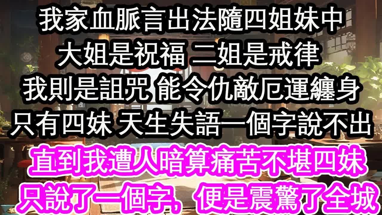 我家血脈言出法隨四姐妹中大姐是祝福 二姐是戒律 我則是詛咒 能令仇敵厄運纏身只有四妹 天生失語一個字說不出直到我遭人暗算痛苦不堪四妹只說了一個字，便是震驚了全城【花開】【愛情】【生活】