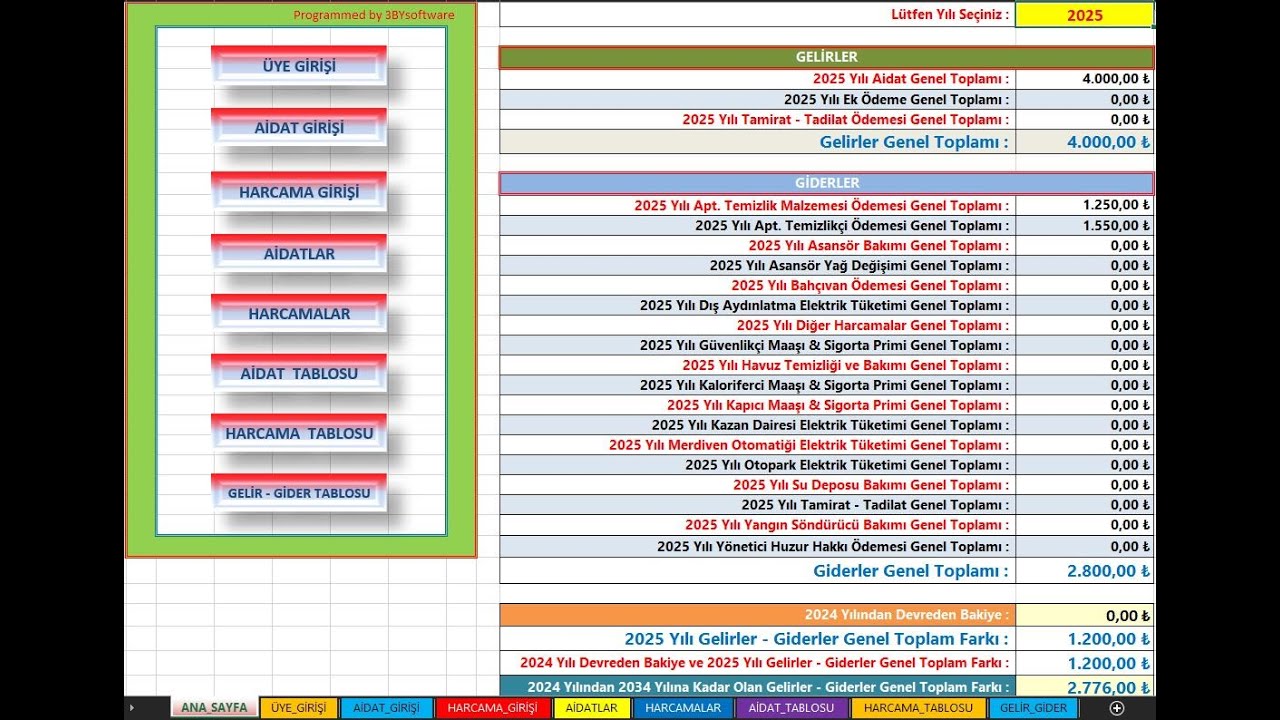 Excel'de Apartman Aidat Takip V1.0 Programı 11 - 100  Dairelik
