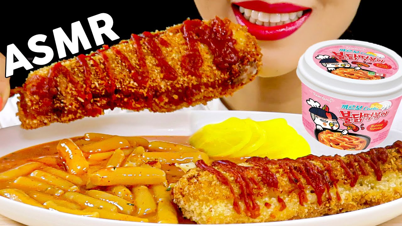 ASMR Samyang Carbo Tteokbokki+Mozzarella Corn Dog 까르보불닭떡볶이+모짜렐라핫도그 먹방 Eating Sounds Mukbang
