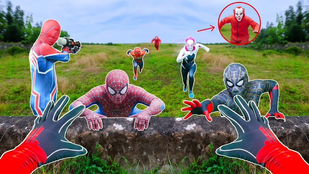 5 Spider-Man Struggle to Climb the Wall as Pennywise Rushes Toward Them in the Field (Action POV)