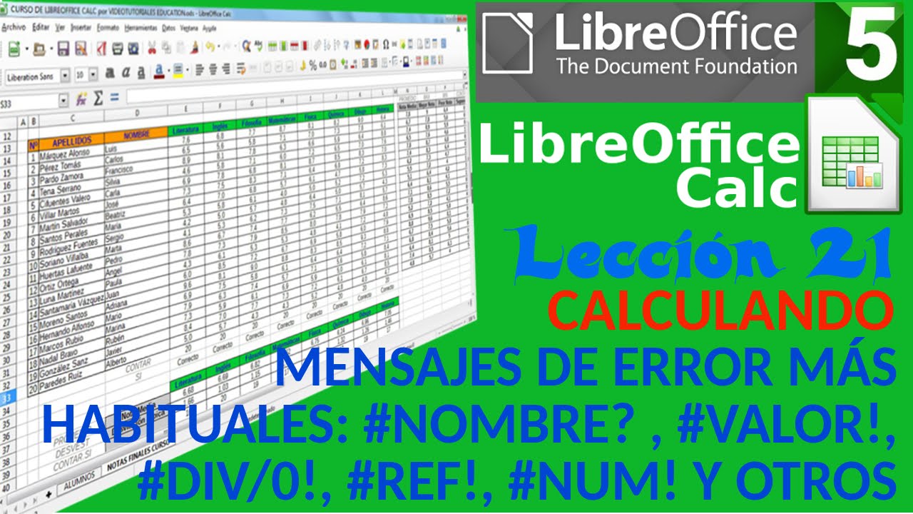 Tutorial LibreOffice Calc - 21/34  Calculando. Mensajes de error más habituales.