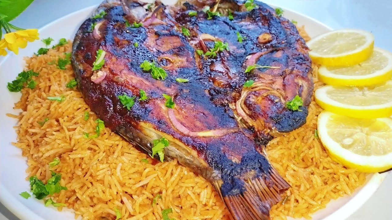 سمك 🐟شوي ومحشي بالفرن كانما مسكوف  مع الرز الاحمر النثري بطريقه رهيبه جربوا😋👌