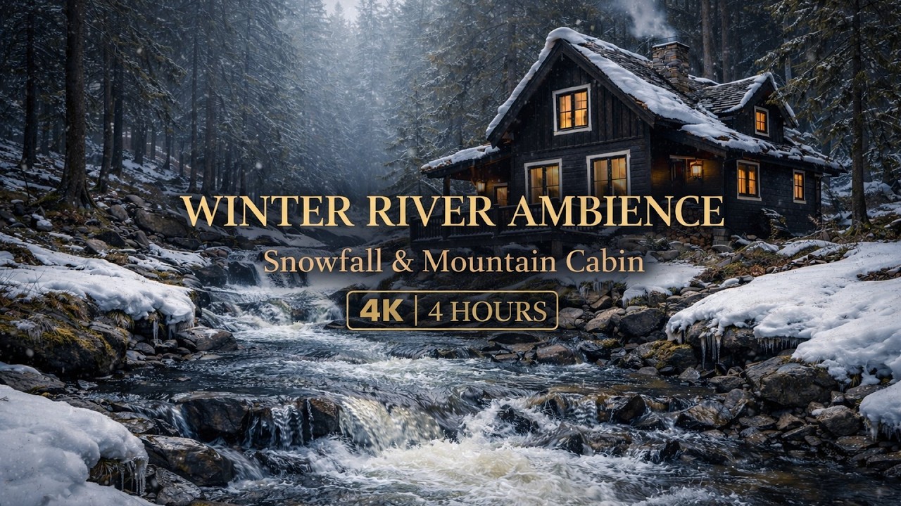 Winter River Ambience — Snowfall & Mountain Cabin (Nature ASMR Sounds)