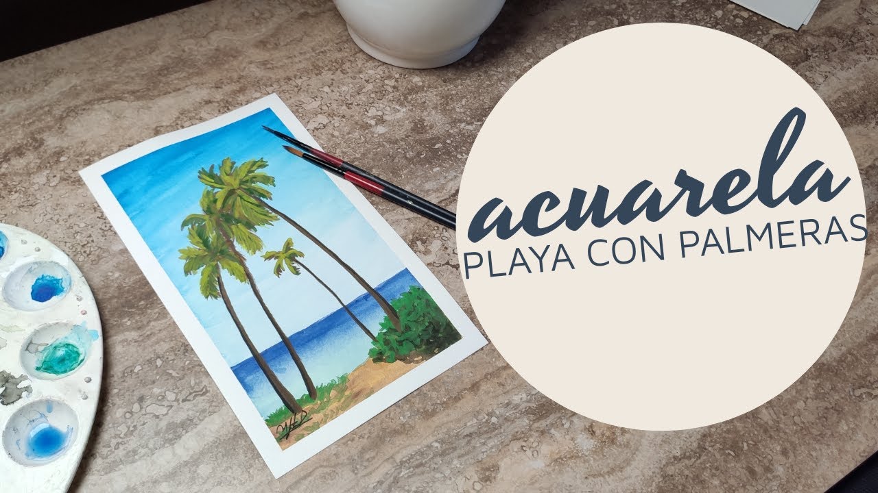 watercolor / pintando con acuarelas una playa con palmeras fácil y simple