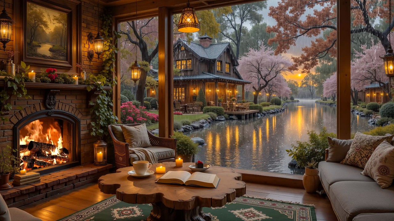 Cozy Rainy Spring Lakeside Café 🌧️ Relaxing Jazz Piano & Fireplace for Focus & Work