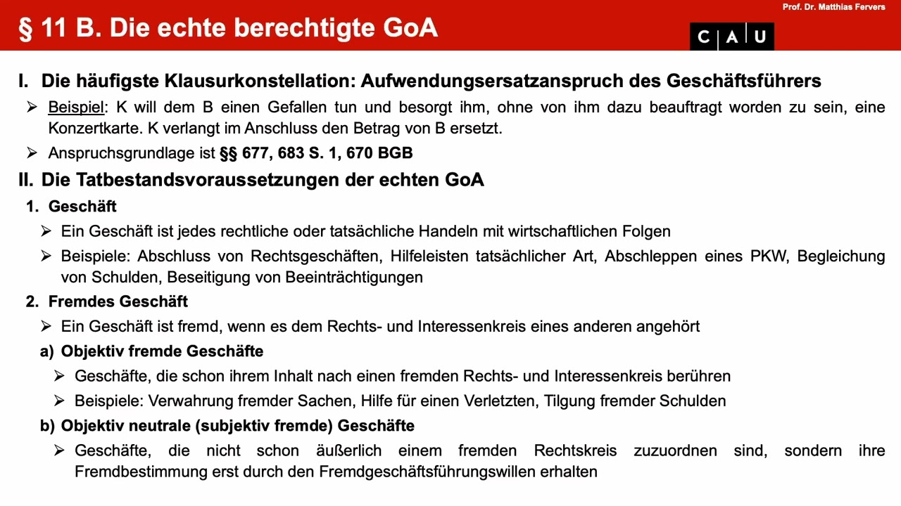 Examenskurs Schuldrecht BT – Folge 22 (GoA: Echte berechtigte und unberechtigte GoA)