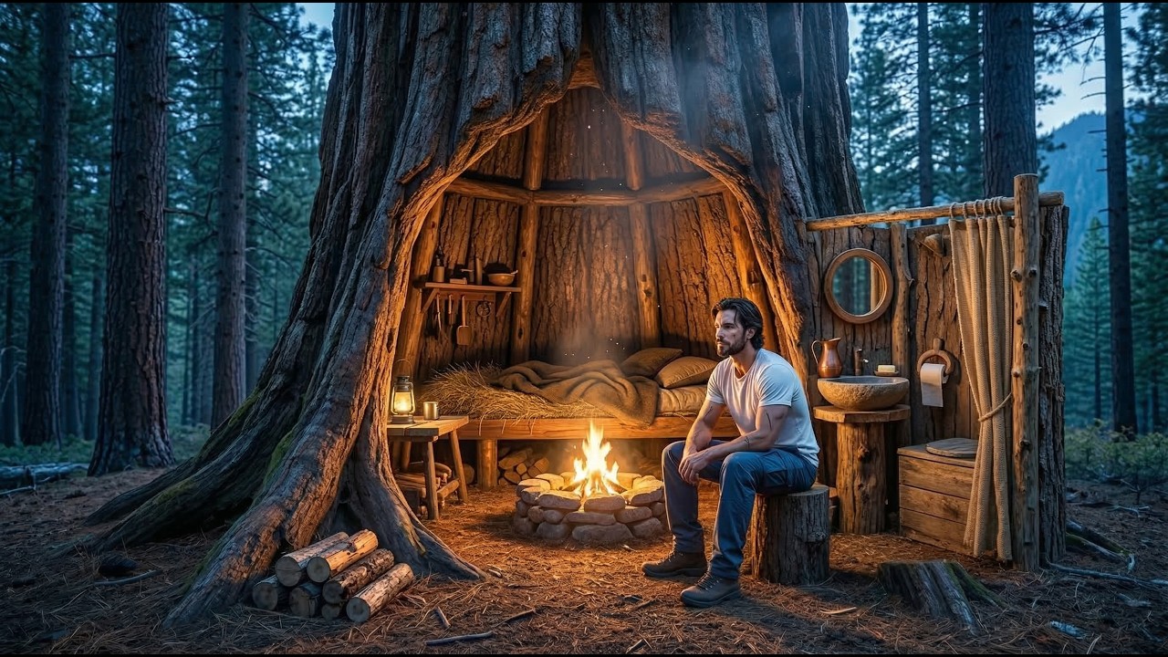 I Found a Giant Hollow Tree and Built a Secret Luxury Survival Shelter Inside | ASMR Forest Build