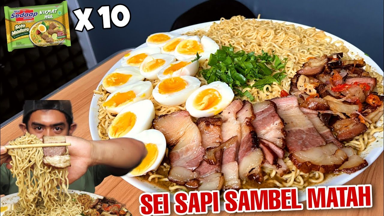 MUKBANG 10 BUNGKUS MIE SEDAAP SOTO MADURA SEI SAPI SAMBAL MATAH + TELUR!