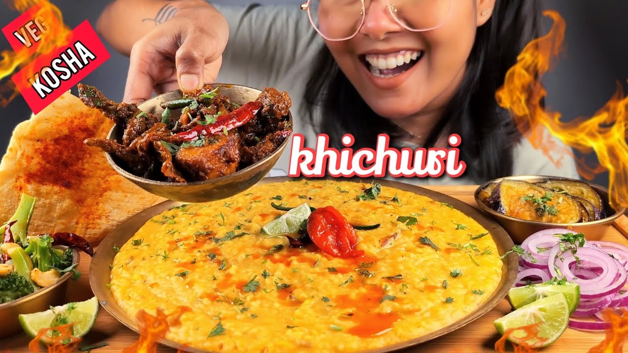 COOKING & EATING SPICY KHICHURI WITH KOSHA MANGSHO (VEG) & BEGUN BHAJA, KHICHDI & SPICY GRAVY EATING
