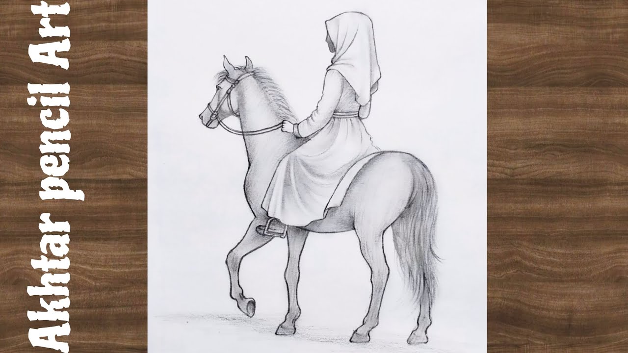 How To Draw A Girl Wearing A Hijab Riding A Horse , Horse Ridding With Girl Easy Step By Step 