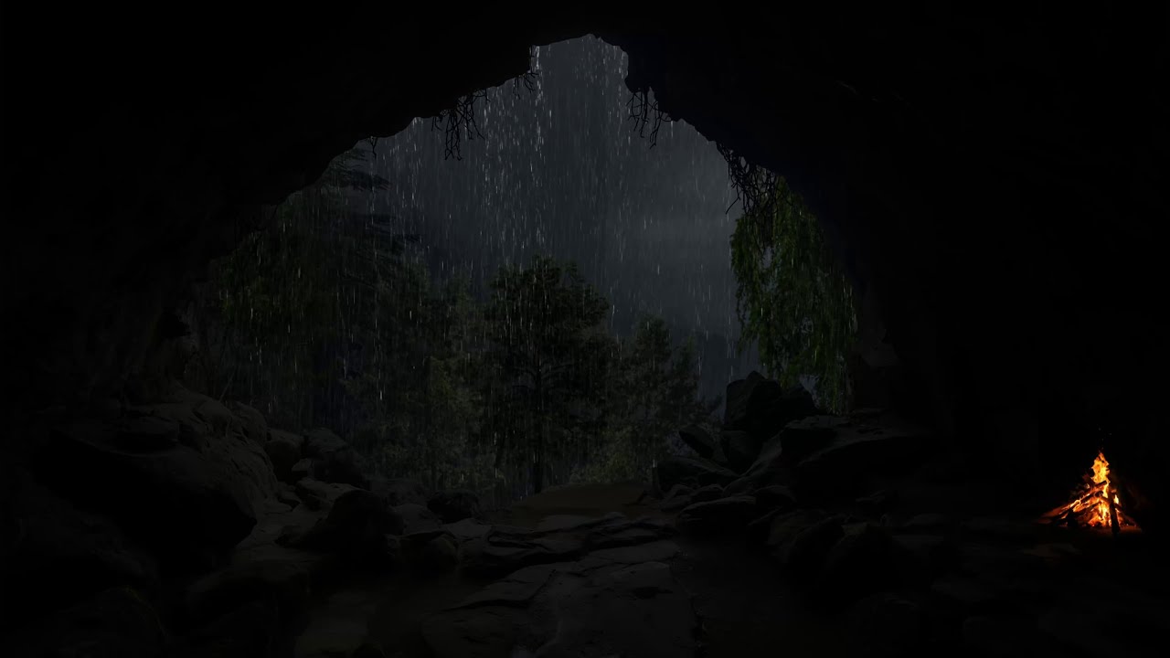 Relaxar Em Uma Caverna Em Um Dia Quente E Chuvoso Ao Lado De Uma Lareira Crepitante