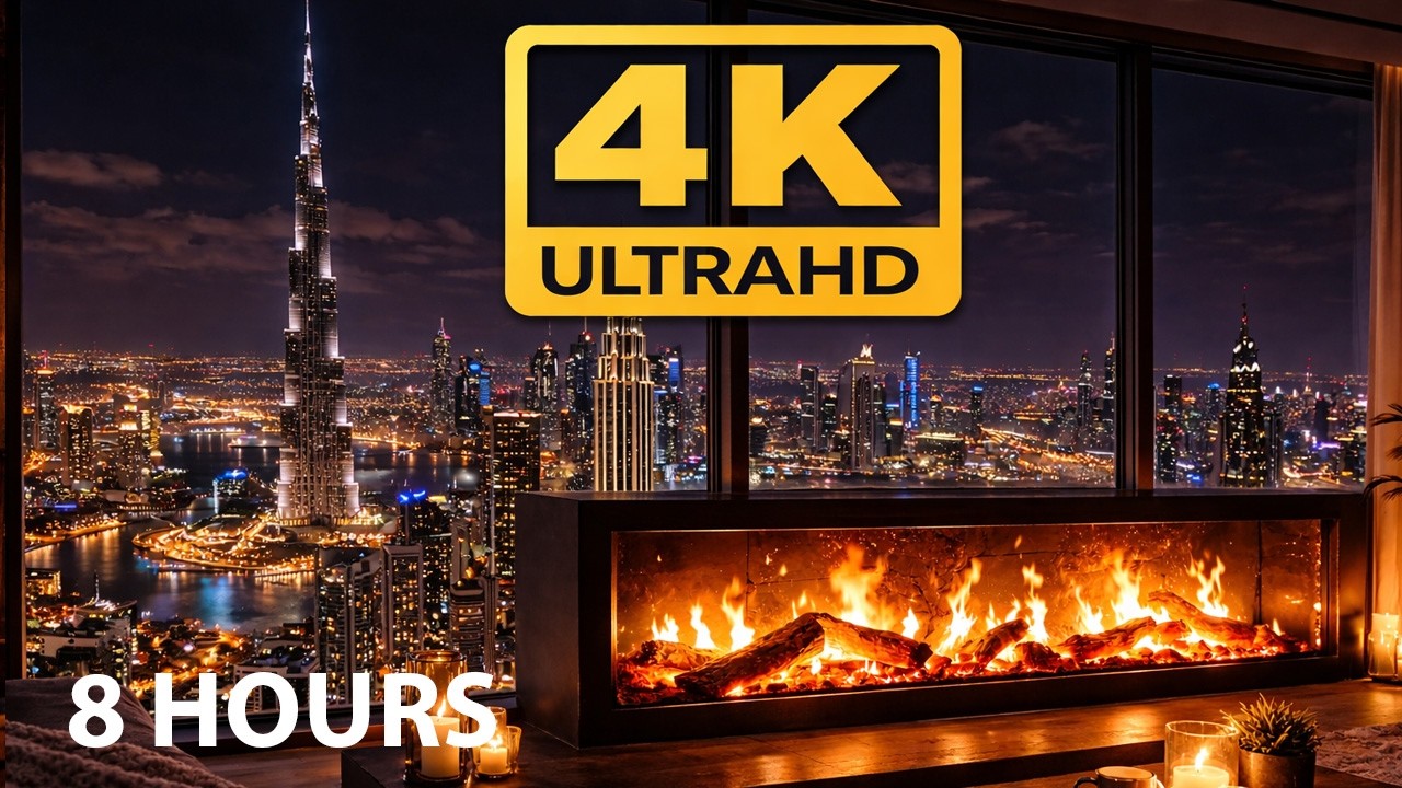 Dubai Night Fireplace Ambience 🔥 Burj Khalifa View | Luxury Fireplace 4K | Relaxing Fire Sounds