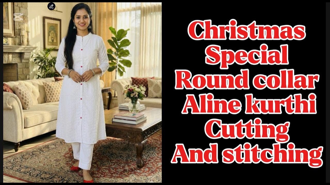 Christmas special round collar kurthi | front button placket A line kurthi cutting and stitching