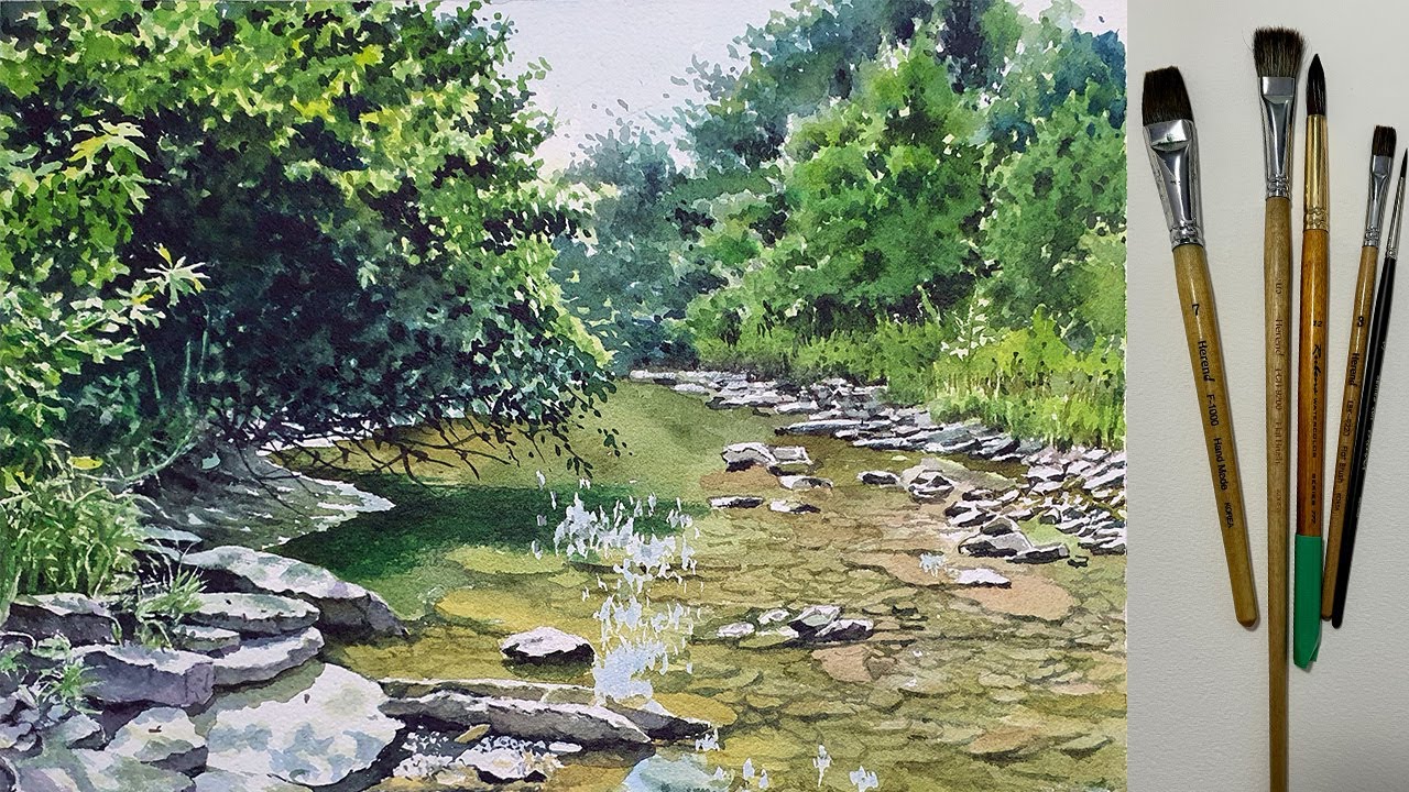 계곡물과 돌들, 나무숲 풍경 수채화 그림 그리기