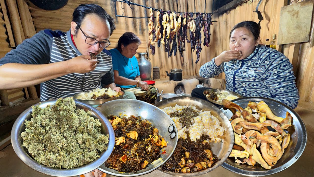 Wild Lichen & Pork Intestine Mix Curry with Rice | Pork Recipe Cooking In Village | Nepali Vlog