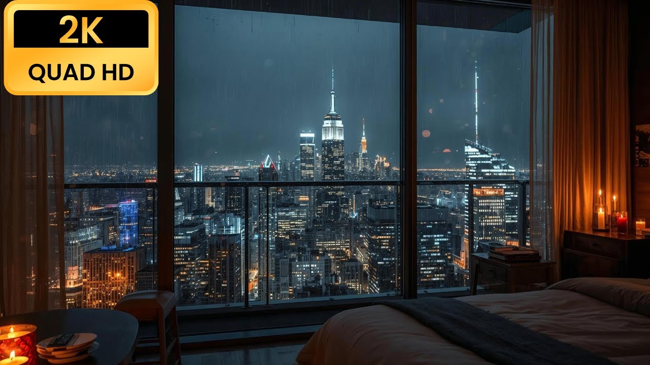 🌧️ Rainy Night City Apartment Ambience — Cozy Bedroom View  Skyline Sleep & Relaxation 🌙