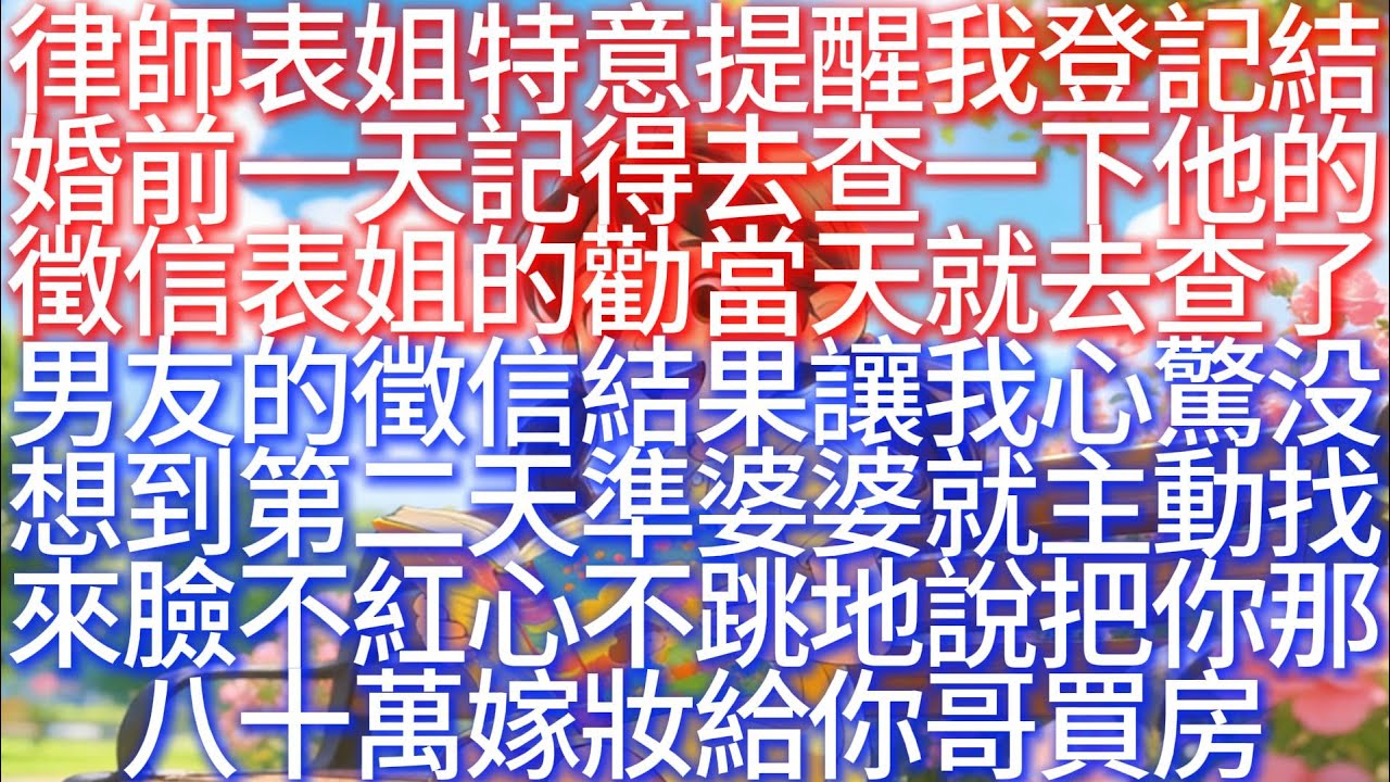 律師表姐特意提醒我：「登記結婚前一天，記得去查一下他的徵信表姐的勸，當天就去查了男友的徵信，結果讓我心驚。没想到第二天，準婆婆就主動找來，臉不紅心不跳地說：「把你那八十萬嫁妝給你哥買房用！」