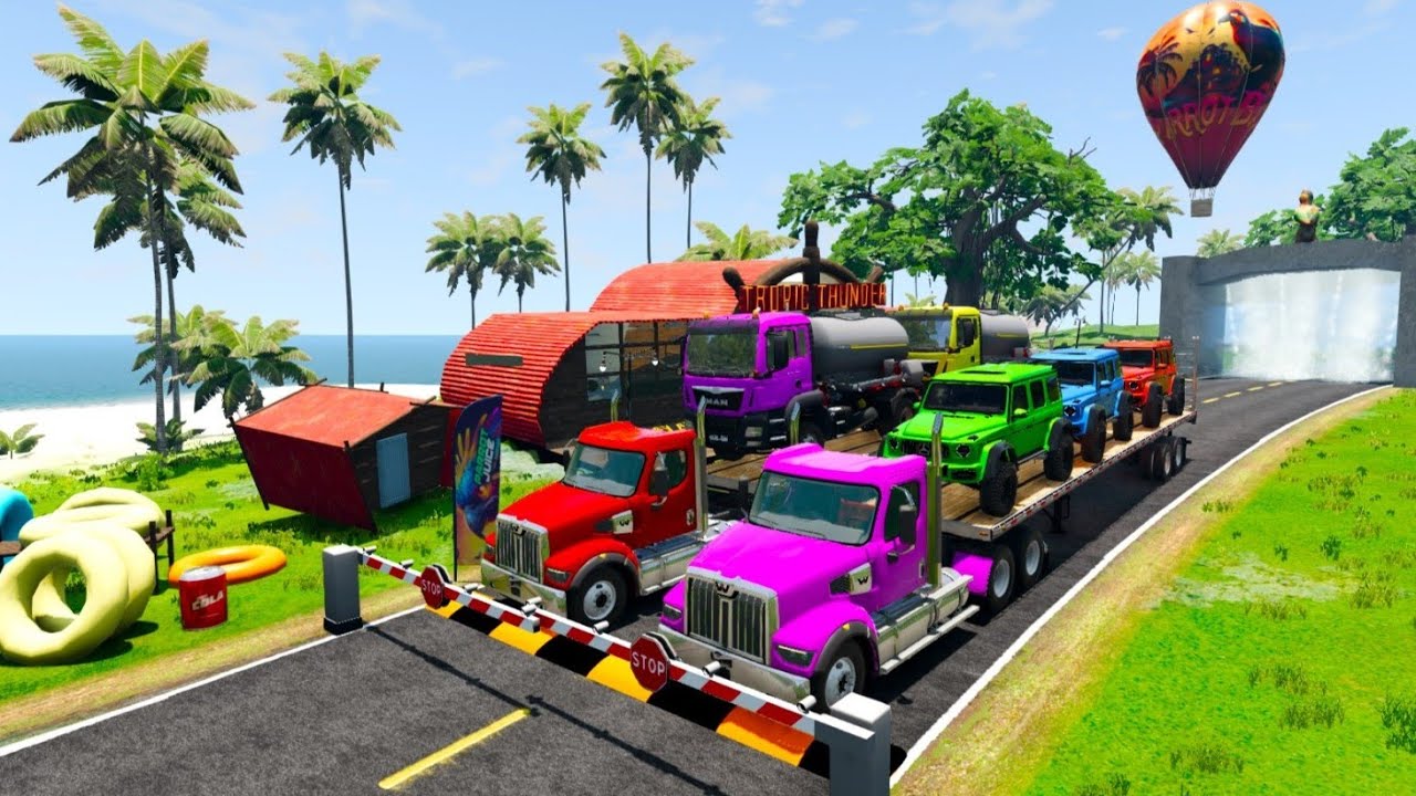 Monster Truck Potholes Flatbed Trailer Truck  - Cars vs Fire - Truck vs Water Walls - BeamNG.Drive